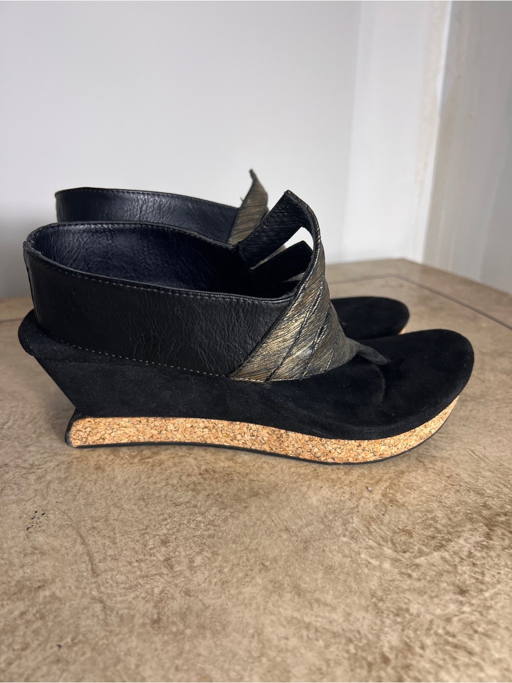 Modzozi Women's Black Wedge Sandals with Metallic Accent. Strap is reversible